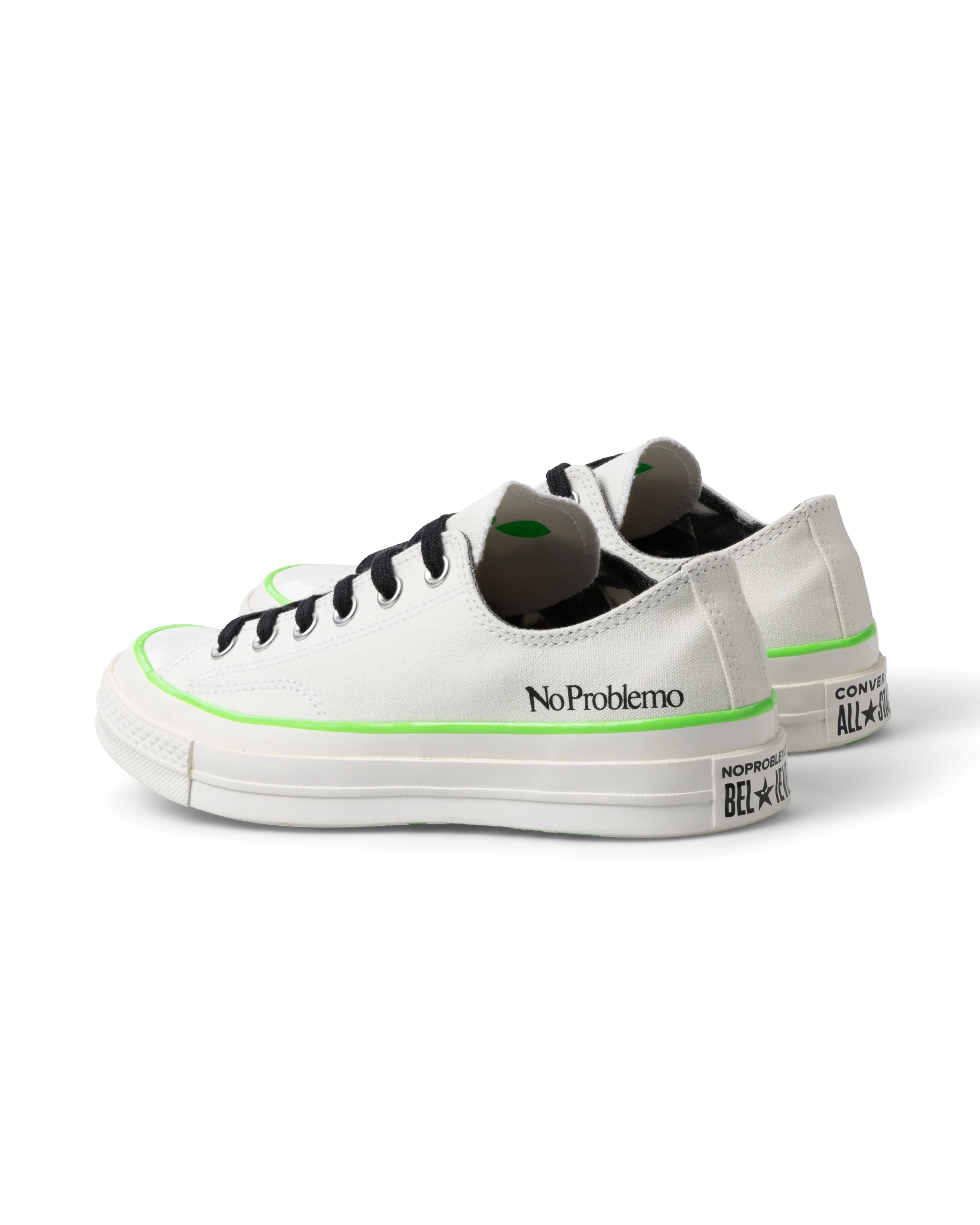 Белые Chuck 70 No Problemo x Converse с логотипом бренда, зеленой линией и оформлением пятки
