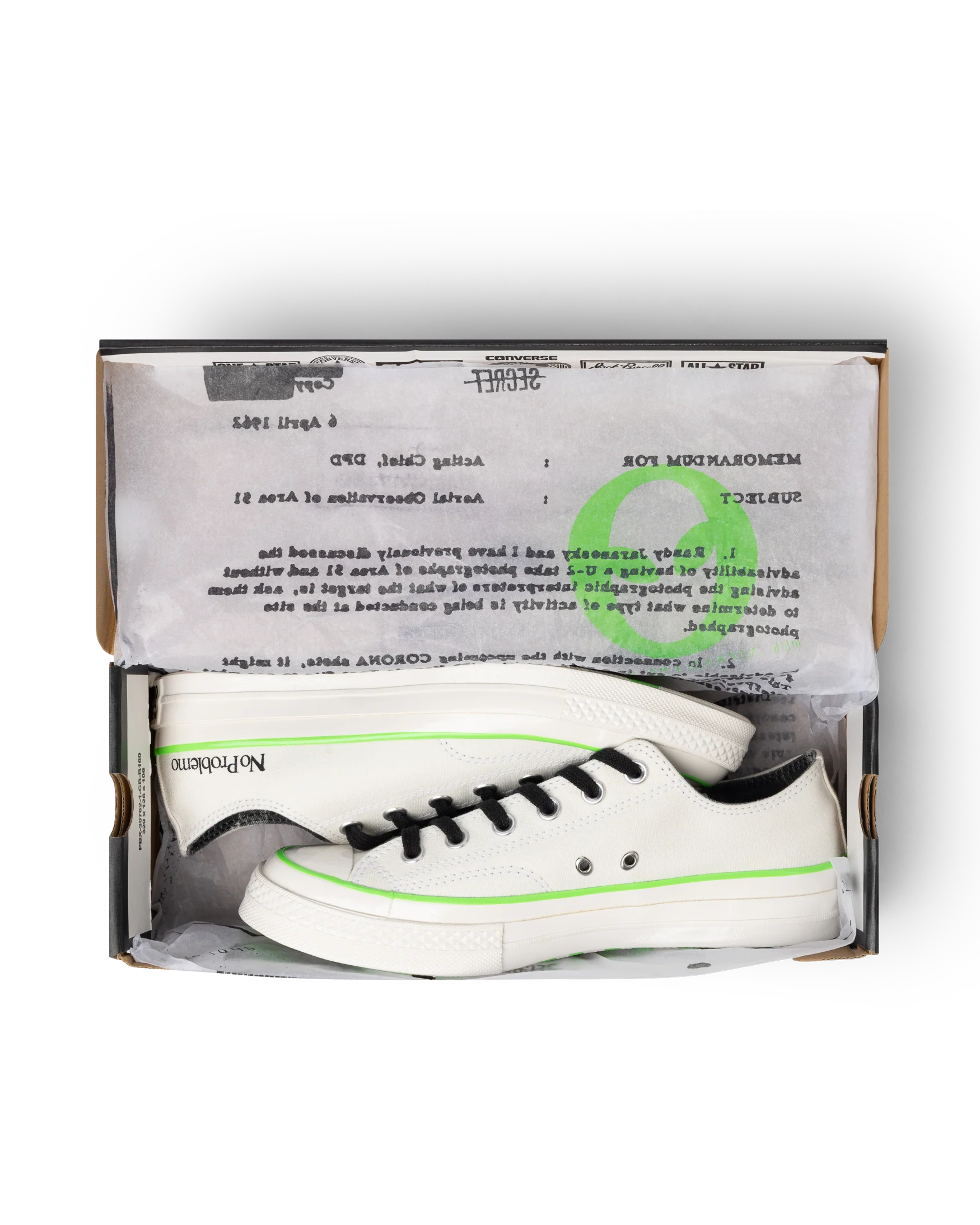 Белые Chuck 70 No Problemo x Converse в коробке с печатными материалами в эстетике НЛО